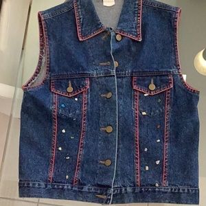 Cejon Jeans Jacket sz M Sleeveless Embellished Denim Vest Red Stitching EUC cute